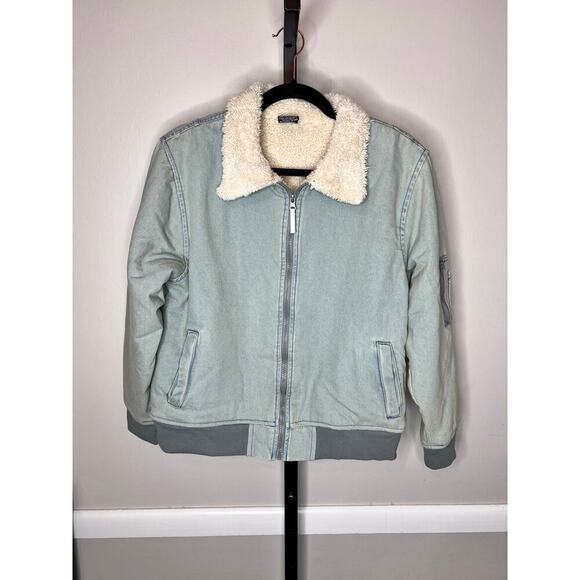 Ring of Fire Sherpa Collar Chambray Jean Bomber Jacket Size XL - Picture 2 of 6